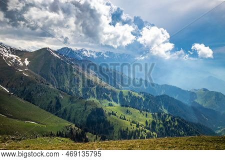 Amazing View Landscape Of Summer In Almaty Cloudy Mountains In The Ile Alatau National Park