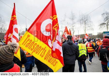 Strasbourg, France - Jan 19, 2023: Cgt Transport Urbains Flag At Protest Against The French Governme