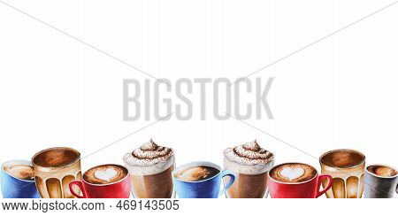 Watercolor Bordure With Coffee In Porcelain And Glass Cups. Hand Painting Espresso, Americano, Latte