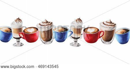 Watercolor Bordure With Coffee In Porcelain And Glass Cups. Hand Painting Espresso, Americano, Latte
