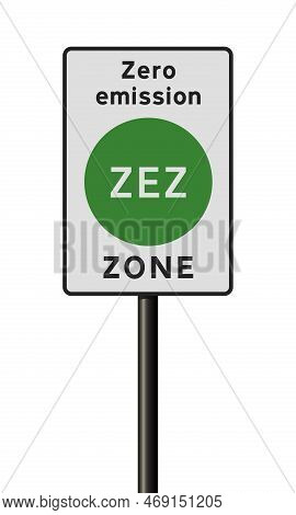 Vector Illustration Of The Zez (zero Emission Zone) Road Sign On Black Metallic Pole