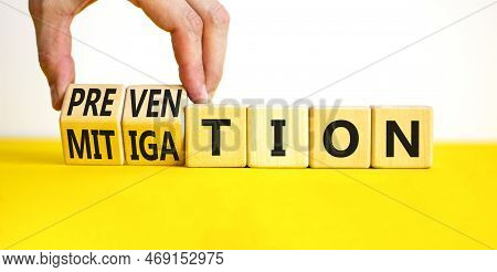 Prevention Or Mitigation Symbol. Businessman Turns Cubes And Changes The Concept Word Mitigation To 