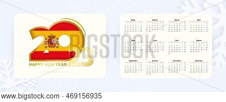 Horizontal Pocket Calendar 2023 In Spanish Language. New Year 2023 Icon With Flag Of Spain. Vector C