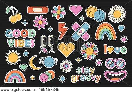 Retro 70s Hippie Stickers, Groovy Elements. Cartoon Funky Flowers, Rainbow, Vintage Hippy Style Elem