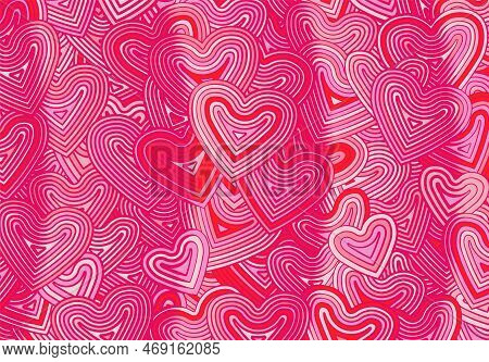 Valentines Day Greeting Card Template Or Background With Hearts And Line Ornament. Retro Fashion Hip