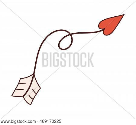 Vector curve arrow with heart shaped arrowhead in y2k style. Happy Valentines day 70s. Retro illustration with swirl arrow.