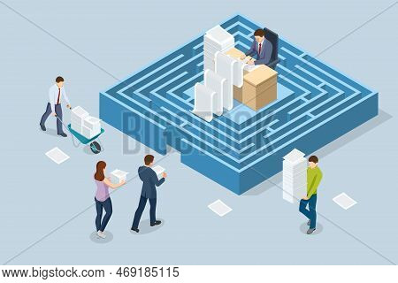 Isometric Stacks Of Paperwork And Files In The Office, Bureaucracy, Overload. Bureaucrat In The Offi