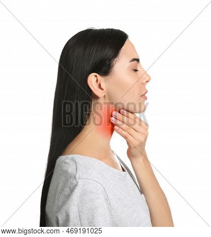 Endocrine System. Young Woman Doing Thyroid Self Examination On White Background