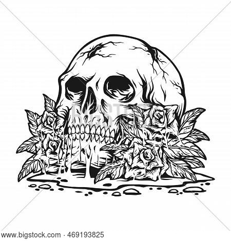 Creepy Skull Head Roses Floral Plant Monochrome Vector Illustrations For Your Work Logo, Merchandise