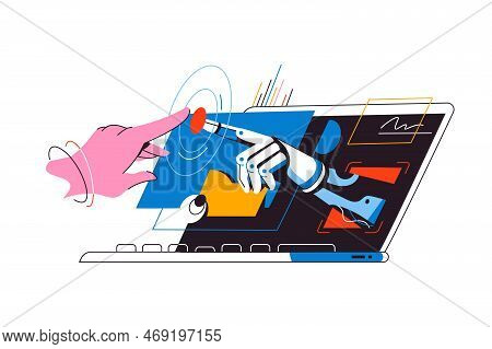 Person Using Artificial Intelligence Technology On A Laptop Vector Illustration. Technology, Innovat