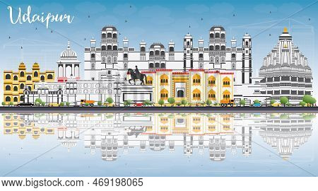 Udaipur Skyline With Color Buildings, Blue Sky And Reflections. Vector Illustration. Business Travel