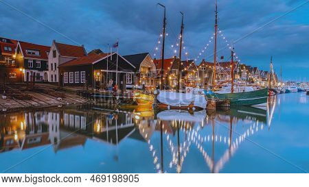 Urk Flevoland Netherlands Sunset At The Lighthouse And Harbor Of Urk Holland. Fishing Village Urk