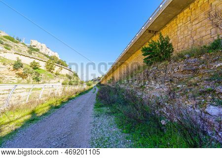 View Of A Footpath And Trees, Near A Highway, In The Nahal Giborim (wadi Rushmiya) Valley, Haifa, Is