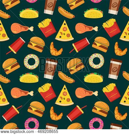 Fast Food Seamless Pattern With Vector Line Icons Of Hamburger, Pizza, Hot Dog, Beverage, Cheeseburg