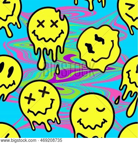 Yellow Smile Face Seamless Pattern. Funny Melting Smiling Happy Face Colorful Cartoon Seamless Patte