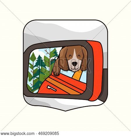 Camping Adventure Badge Design With Dog Inside The Car. Travel Logo Graphics. Stock Vector Retro Lab
