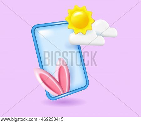 Bunny Ears On The Mobile Phone Screen. Sun, Clouds And Hidden Pink Bunny Ears. Vector Illustration