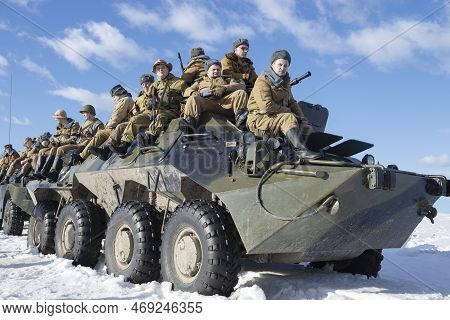 Saint Petersburg, Russia - February 17, 2019: Soviet Soldiers On Btr-80 Armored Personnel Carrier. M