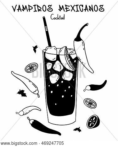Mexican Cocktail Vampiro. Glass Of Alcoholic Latin American Drink With Cocktail Tube, Ice Cubes, Lim