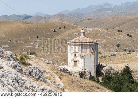 Calascio, Italy-august 9, 2021:view Of The Church Of Santa Maria Della Pietà On The Path That Leads 