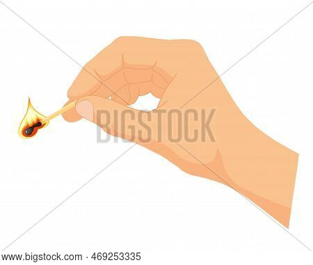Hand Holding Burning Wooden Match Stick. Match With Fire. Flat Design. Lighting Concept. Vector Illu