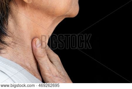 Pain At The Neck Of Asian, Myanmar Woman. Concept Of Sore Throat, Pharyngitis, Laryngitis, Esophagit