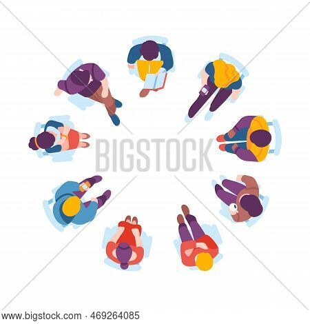 Men And Women Seated On Circular Chairs. People Sitting In Armchairs. Top View. Psychology Therapy. 