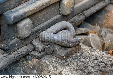 Closeup Picture Of A Rail Fastening Bolts On A Railway Track Of Indian Railways System.