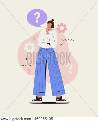 Young Woman Thinks Question. Girl With Speech Bubble And Choice Question. Doubt Of Her Choice. Templ
