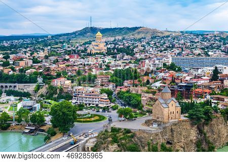 Old Tbilisi With Sameba Cathedral, Europe Square And Metekhi Church On Bank Of Kura River. Tiflis Ol