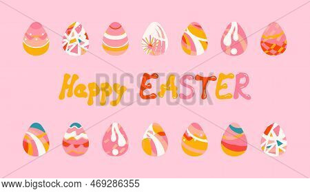 Happy Easter Eggs Collection Vector Illustration Isolated On Pink