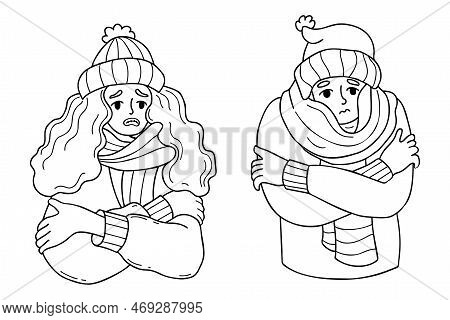 Cold Girl And Man In Knitted Hat And Wrapped In Scarf Freezing Wearing And Shivering. Outline Vector
