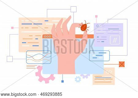 Hand Bug Fixing. Technical Programmer Fix Leak Information Or Software Bugs, Computer Operator Clean