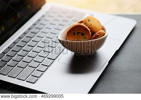Internet Cookies Internet Browser Cookies Concept, Mini Cookies On Keyboard Computer Laptop