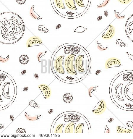 Seamless Pattern With Mexican Empanadas With On White Background. Vector Illustration Latin American