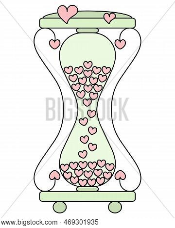 Hourglass. Countdown. The Glass Flask Is Filled With Sand In The Form Of Hearts. Love Clock. Love Ti