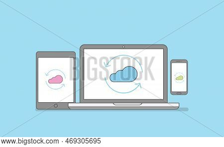 Sync Technology Between Mobile Platform Includes Laptop Tablet And Smartphone Vector Illustration