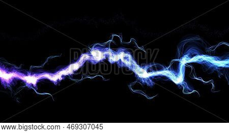 Blue Lightning, Power Energy Charge, Black Abstract Background. Blitz Effect. Night Storm Flash, Thu