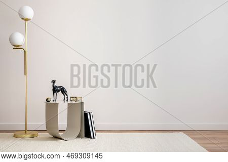 The Elegant Living Room With Copy Space, Coffee Table With Dark Dog Sculpture, Gold Lamp And Persona