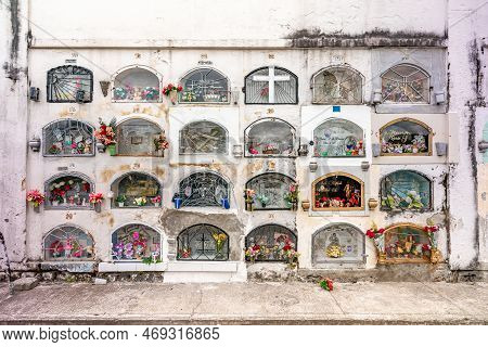 Tulcan, Ecuador - October 8, 2022: Cemetery With Green Sculptures Made Of Plants