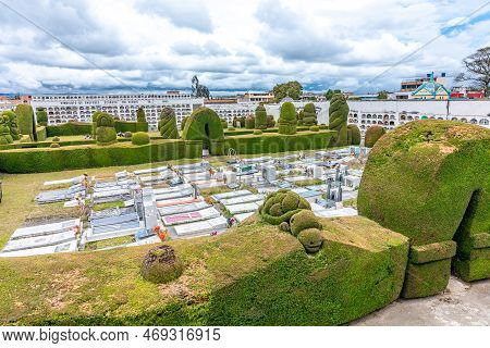 Tulcan, Ecuador - October 8, 2022: Cemetery With Green Sculptures Made Of Plants