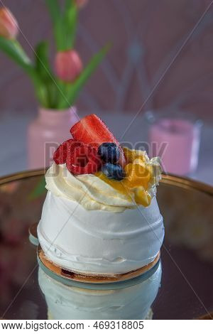 Beze Air Cake With Cream And Red Berries
