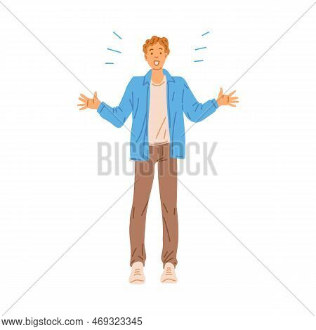 Cheerful Surprised Man Full Length Image Flat Vector Illustration Isolated.