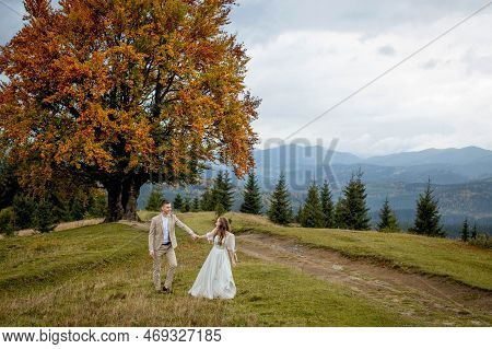 A Married Couple Walks Among The Mountains, The Bride Leads The Groom Behind Her, The Girl Holds The