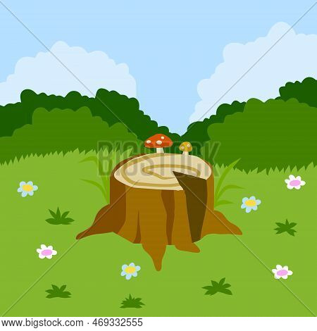 Stump In Forest Meadow. Green Field With Grass. Background For Child Drawing. Summer Nature. Funny S