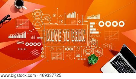 Move To Earn Theme With A Laptop Computer On A Orange Pattern Background