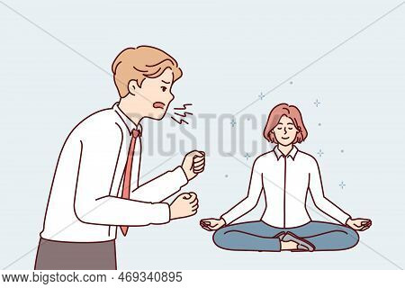 Angry Manager Yelling At Employee Sitting In Lotus Position And Not Paying Attention To Employer Bad