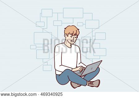 Young Man Programmer Sits Cross-legged On Floor With Laptop On Lap And Creates Web Application. Guy 