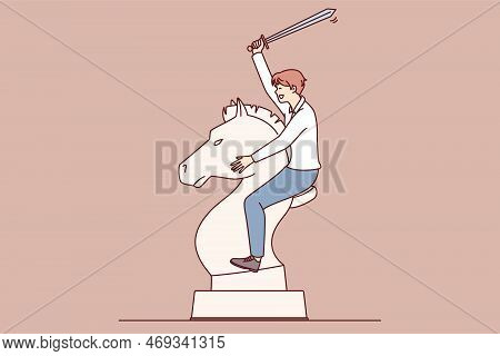 Man With Sword Astride Huge Horse Chess Piece Symbolizes Determination And Readiness For Bold Action