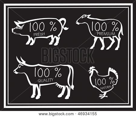 四个农场动物的单色插图